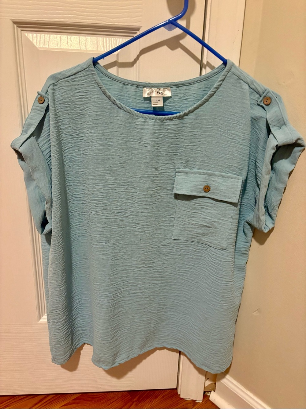 just be Light Blue Textured Short Sleeve Pocket Blouse